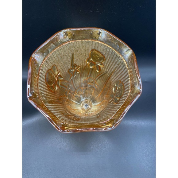 Vintage Jeanette Carnival/Depression Glass Vase Marigold Herringbone Iris - Picture 3 of 10